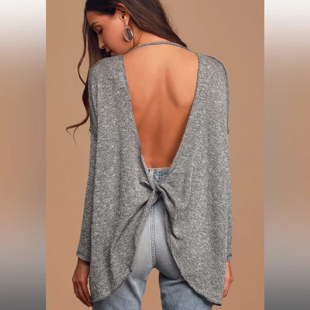Lulus Hazey Baby Heather Grey Backless Sweater Top - Size Small - Picture 4 of 5